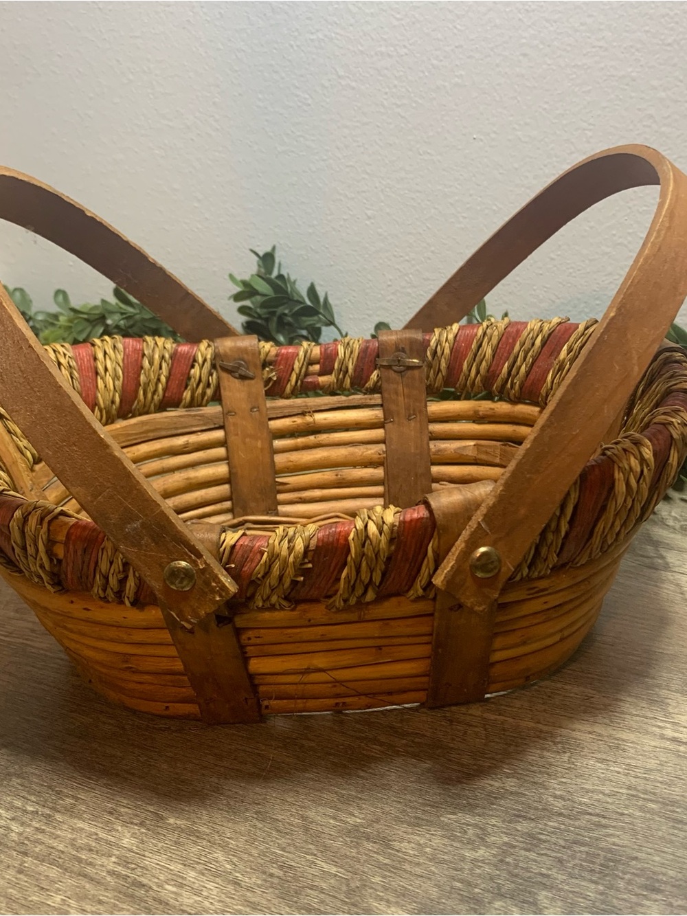 Woven Rustic Picnic Basket with Leather Handles - Brown & Red Accents Vintage